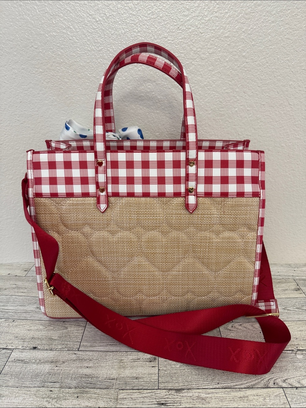 Betsey Johnson Red Gingham & Straw Tote NWT - Picture 3 of 10